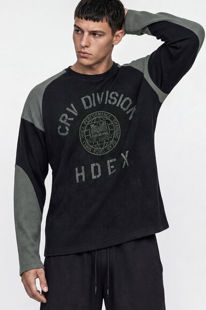 HDEX Baju Korea Olahraga Division Waffle Curved Long Sleeve Black Pria Fitness