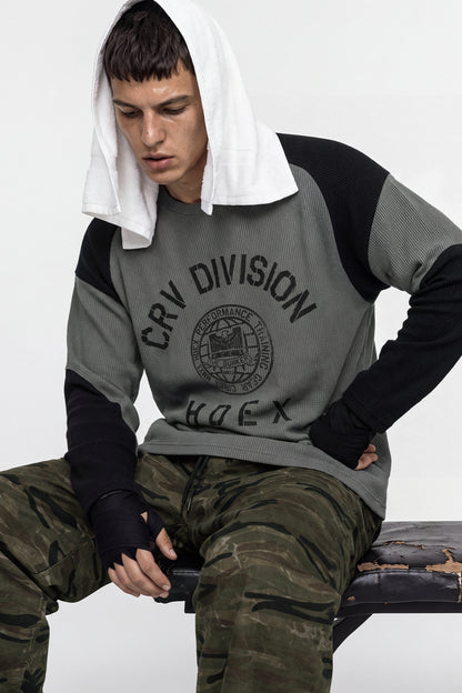 HDEX Baju Korea Olahraga Division Waffle Curved Long Sleeve Charcoal Pria Fitness