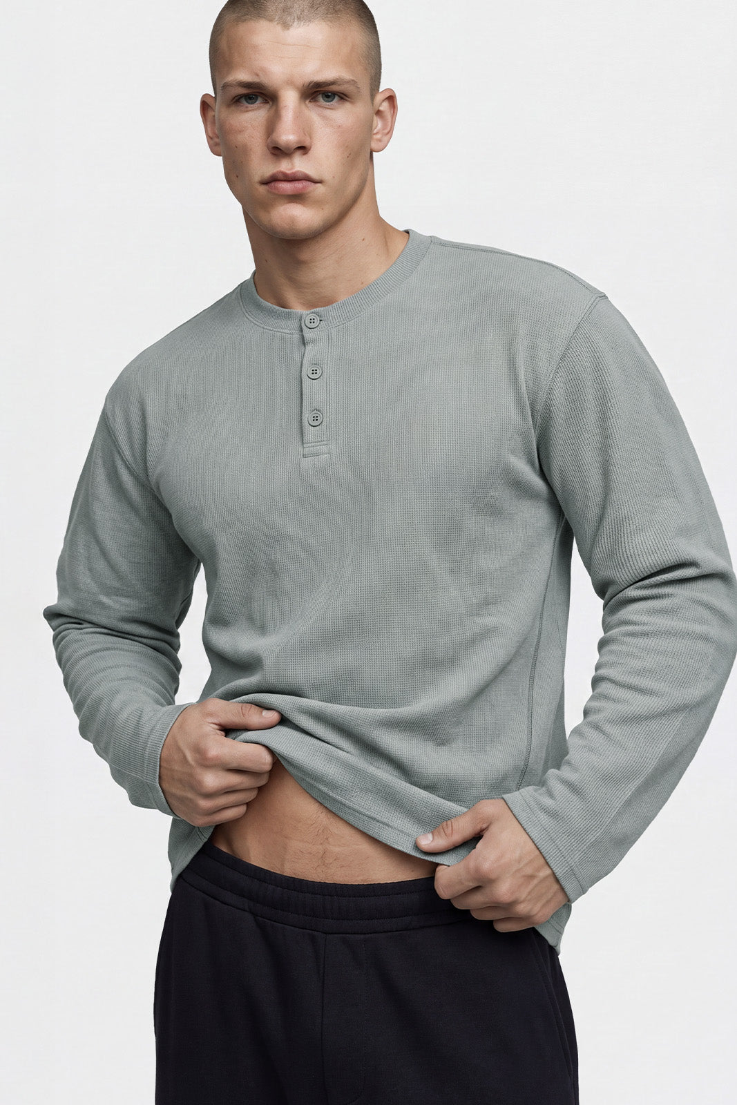 HDEX Baju Korea Olahraga Old Legacy Waffle Henley Neck Long Sleeve Gray Pria Fitness