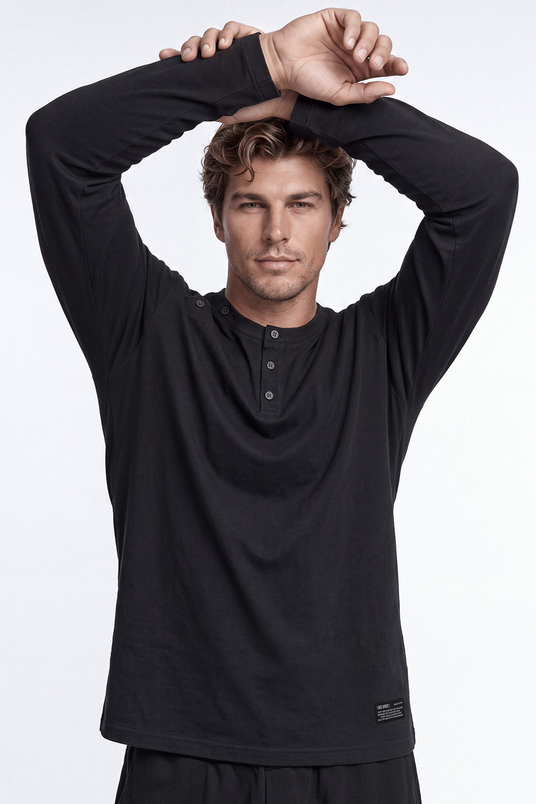 HDEX Baju Korea Olahraga Move Cotton Body Fit Henley Neck Long Sleeve Black Pria Fitness