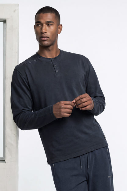 HDEX Baju Korea Olahraga Move Cotton Body Fit Henley Neck Long Sleeve Storm Navy Pria Fitness