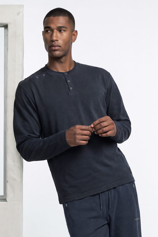 HDEX Baju Korea Olahraga Move Cotton Body Fit Henley Neck Long Sleeve Storm Navy Pria Fitness