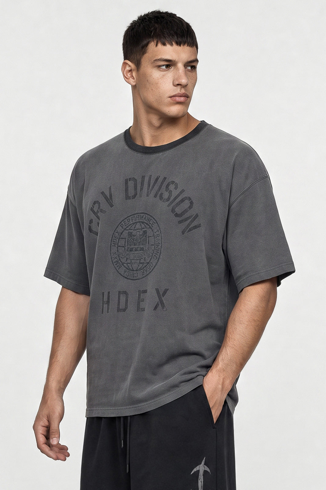 HDEX Baju Korea Olahraga Division Dirty Washed Short Sleeve Charcoal Pria Fitness