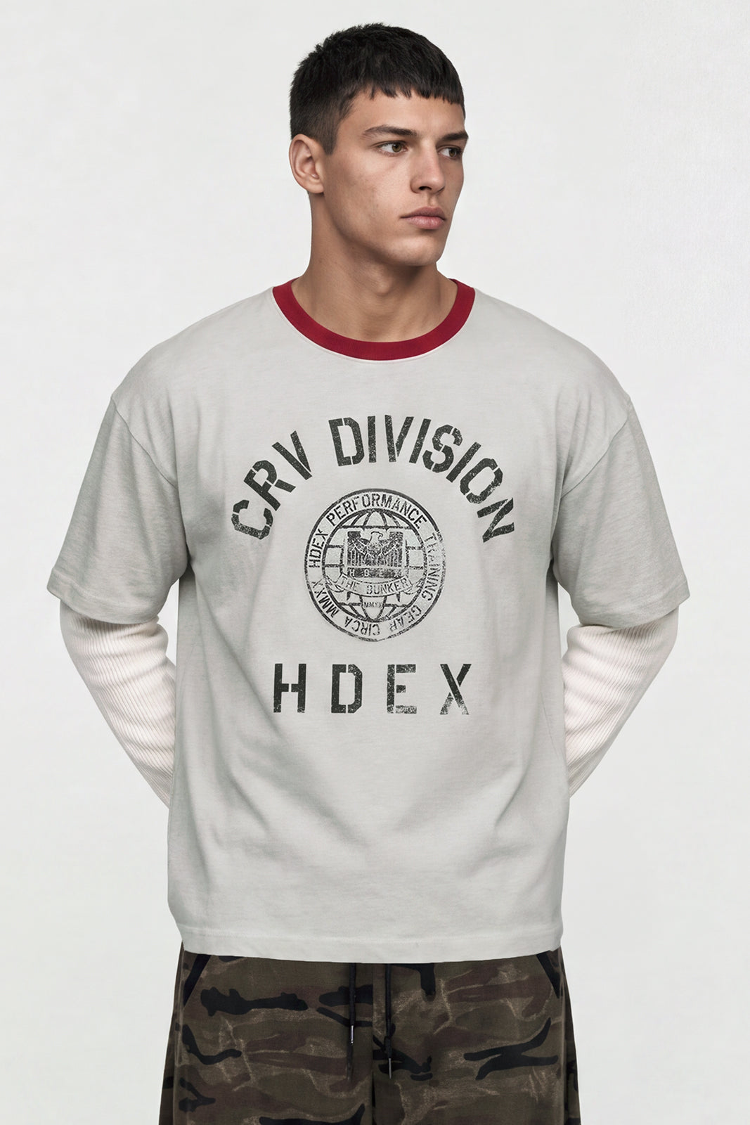 HDEX Baju Korea Olahraga Division Dirty Washed Short Sleeve Ash Cream Pria Fitness