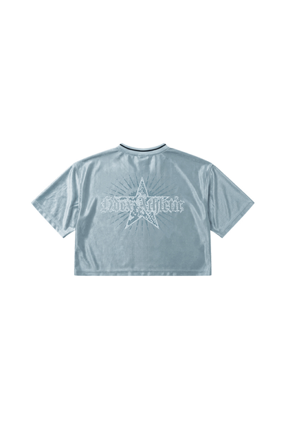 HDEX Baju Korea Olahraga Star Satin Crop Short Sleeve Sky Blue Wanita Fitness