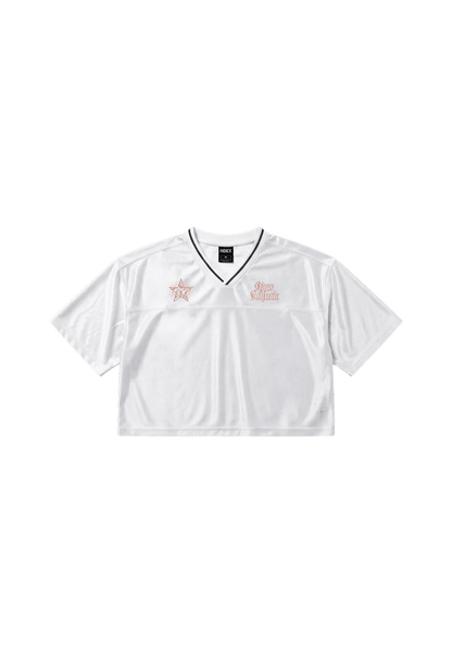 HDEX Baju Korea Olahraga Star Satin Crop Short Sleeve White Wanita Fitness