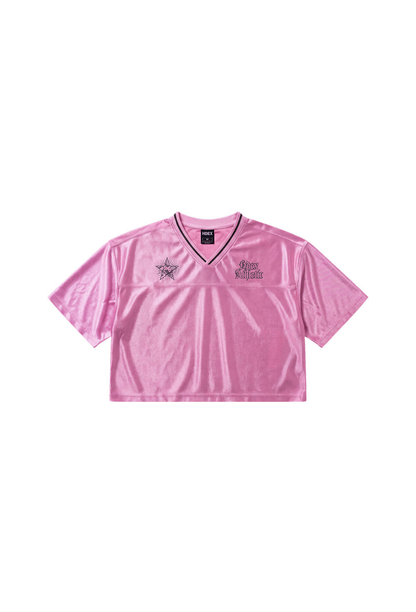 HDEX Baju Korea Olahraga Star Satin Crop Short Sleeve Pink Wanita Fitness