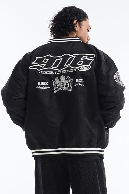 HDEX Baju Korea Olahraga 916 Applique Baseball Jacket Black Pria Fitness