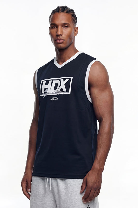 HDEX Baju Korea Olahraga Box Layer Mesh Sleeveless Navy Pria Fitness