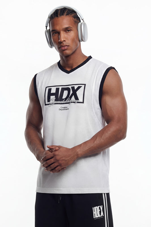 HDEX Baju Korea Olahraga Box Layer Mesh Sleeveless White Pria Fitness