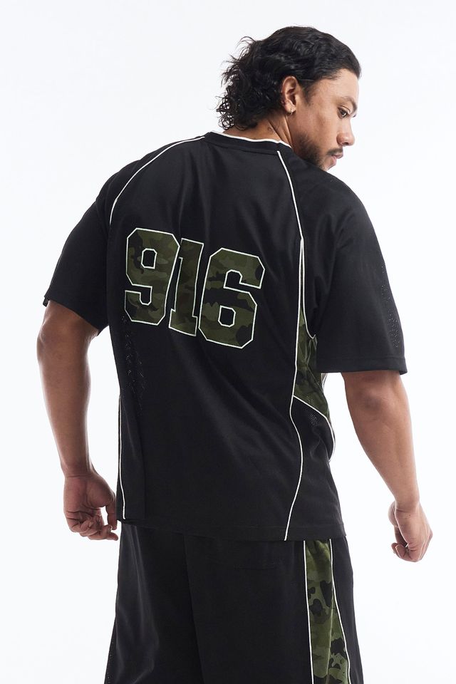 HDEX Baju Korea Olahraga Camo 916 Block Mesh Short Sleeve Black Pria Fitness