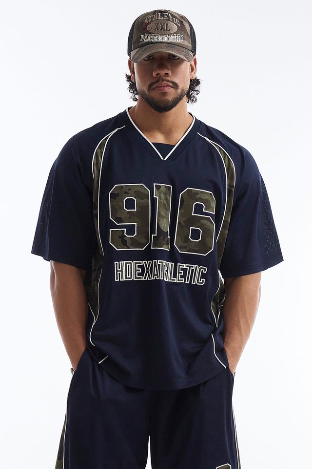 HDEX Baju Korea Olahraga Camo 916 Block Mesh Short Sleeve Navy Pria Fitness
