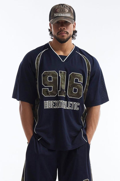HDEX Baju Korea Olahraga Camo 916 Block Mesh Short Sleeve Navy Pria Fitness