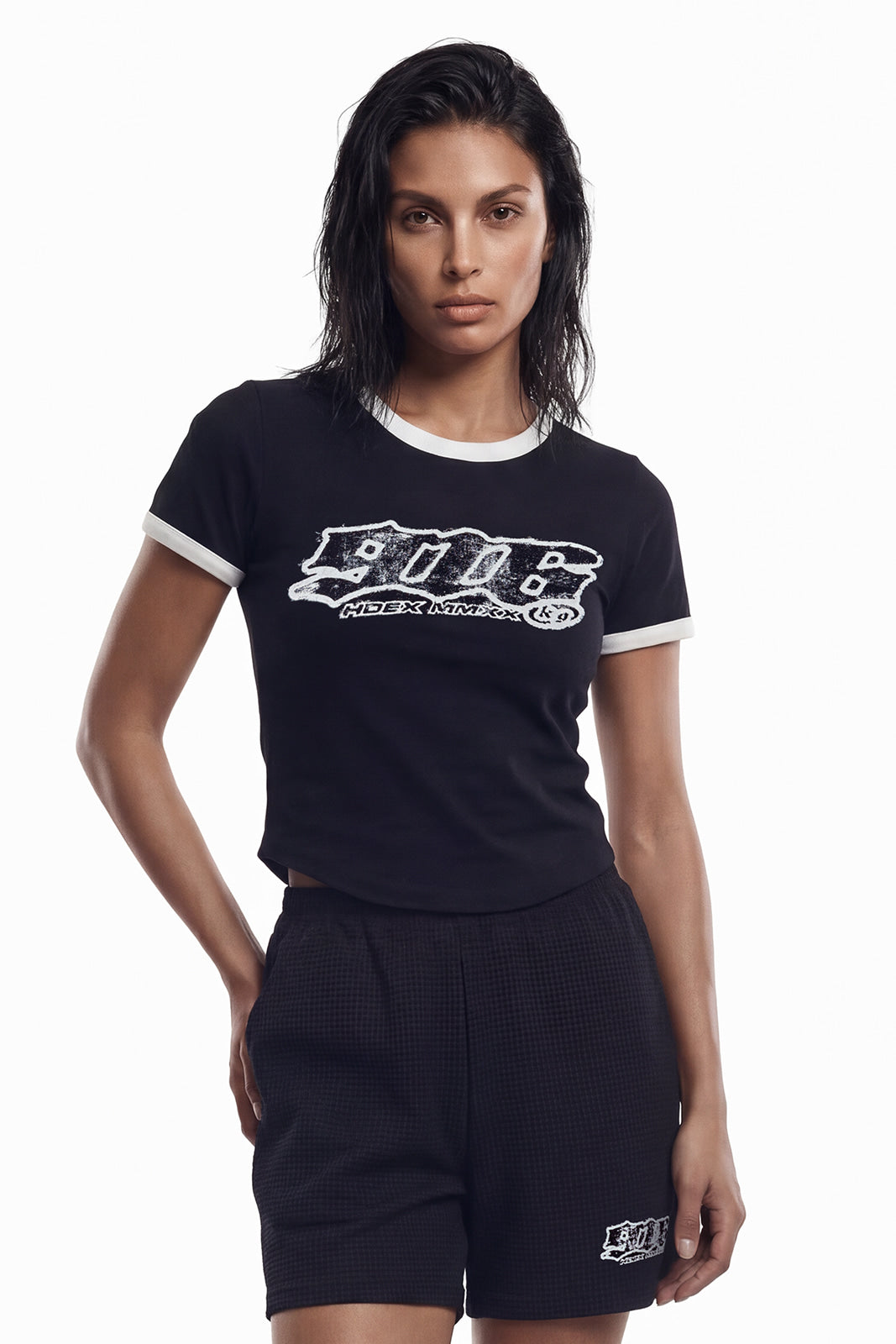HDEX Baju Korea Olahraga Clear 916 Ringer Crop Short Sleeve Black Wanita Fitness