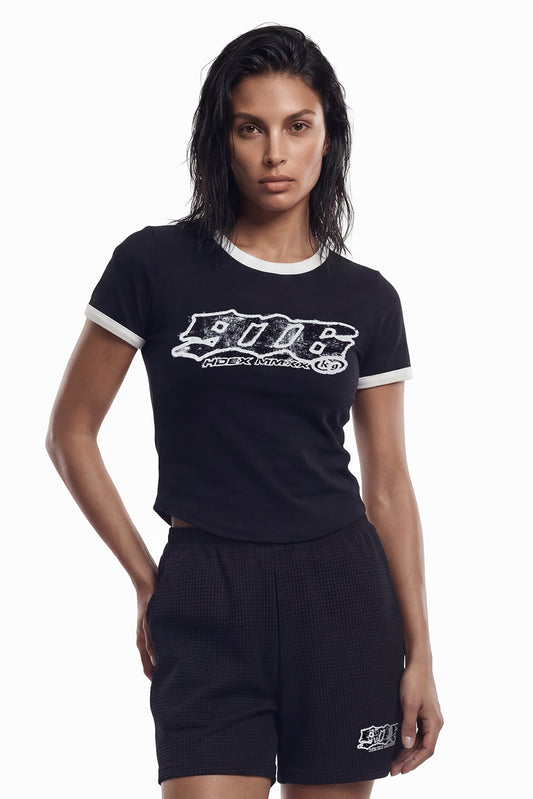 HDEX Baju Korea Olahraga Clear 916 Ringer Crop Short Sleeve Black Wanita Fitness