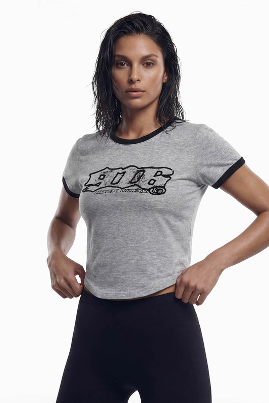 HDEX Baju Korea Olahraga Clear 916 Ringer Crop Short Sleeve Melange Gray Wanita Fitness