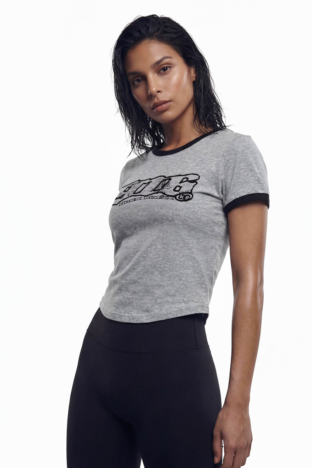 HDEX Baju Korea Olahraga Clear 916 Ringer Crop Short Sleeve Melange Gray Wanita Fitness
