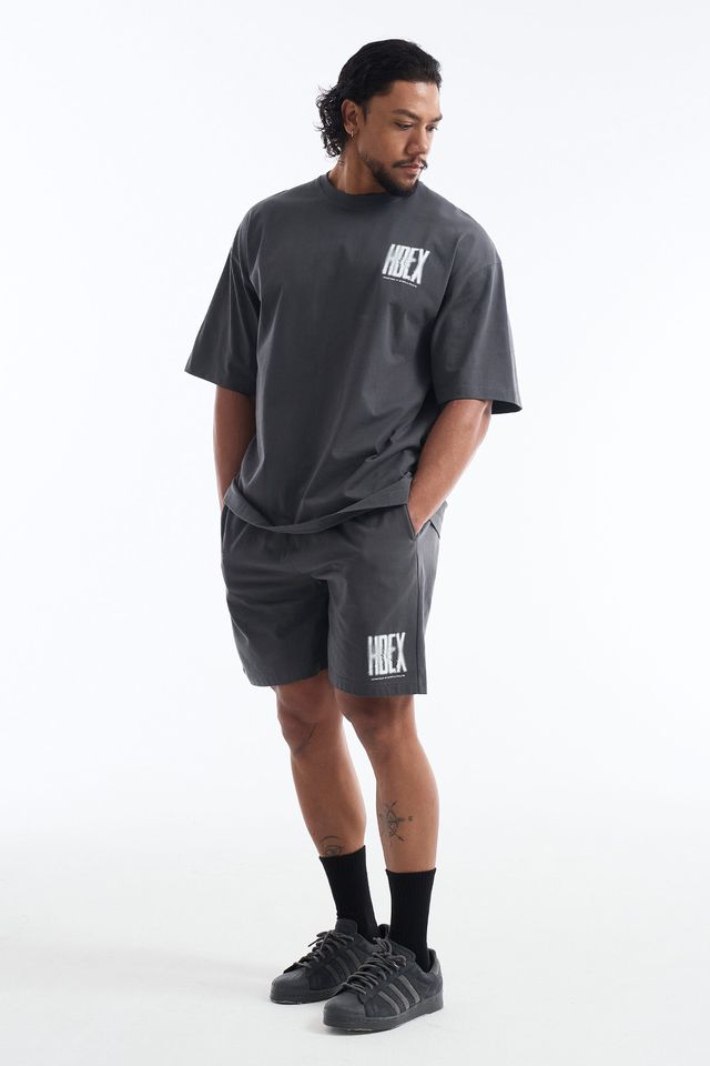 HDEX Celana Korea Olahraga Crack Printed Shorts Charcoal Pria Fitness