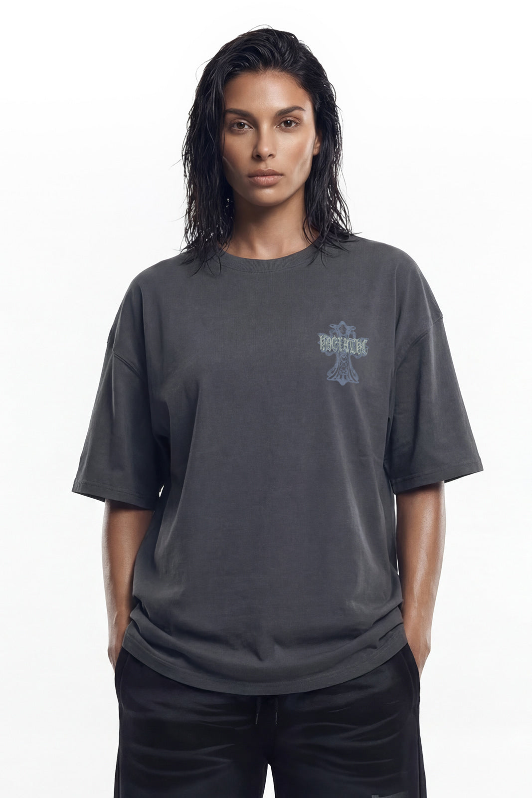 HDEX Baju Korea Olahraga Cross Short Sleeve W Charcoal Wanita Fitness