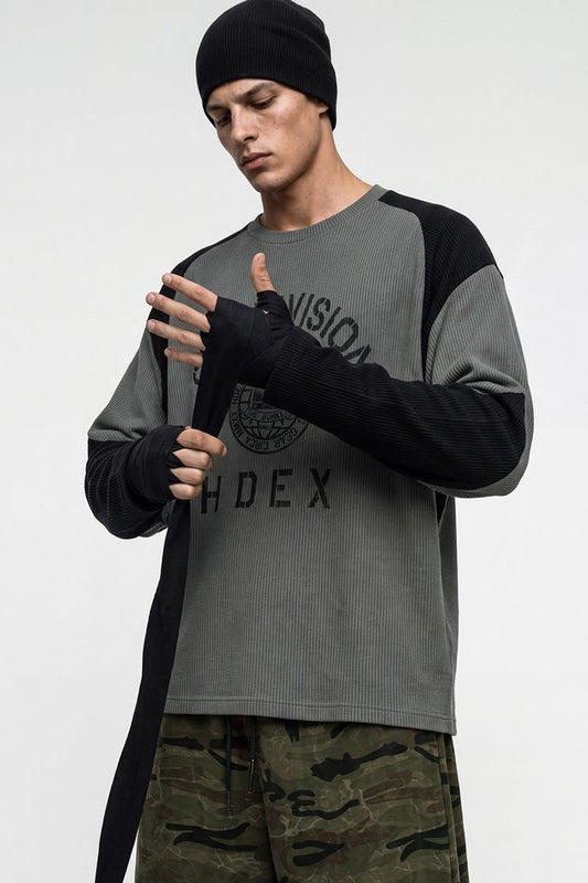 HDEX Baju Korea Olahraga Division Waffle Curved Long Sleeve Charcoal Pria Fitness