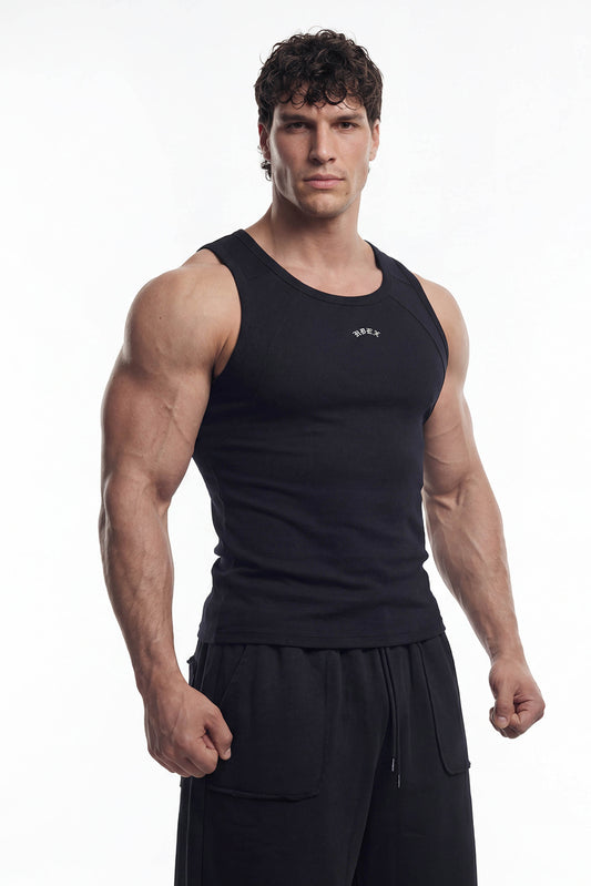 HDEX Baju Korea Olahraga Essential Cut Line Body Fit Tank Black Pria Fitness