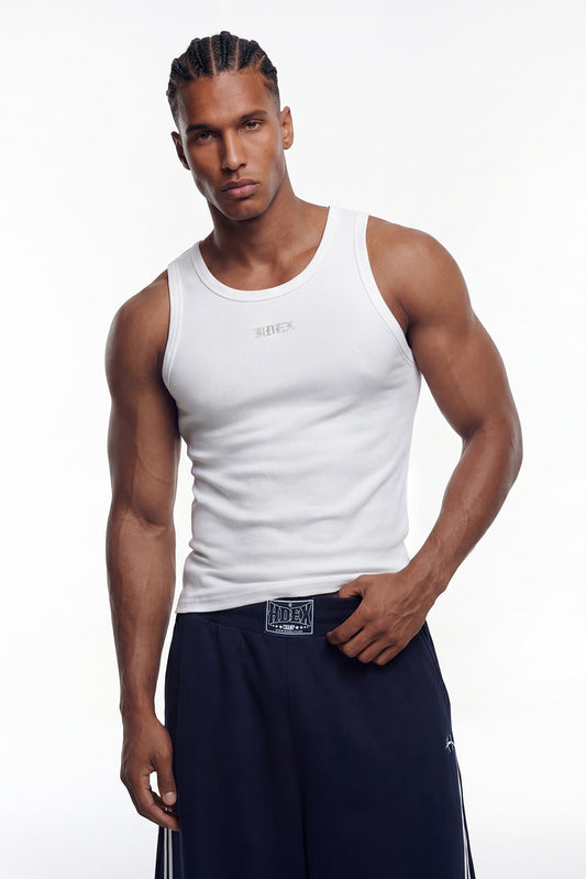 HDEX Baju Korea Olahraga Essential Ribbed Body Fit Tank White Pria Fitness