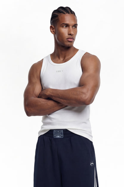 HDEX Baju Korea Olahraga Essential Ribbed Body Fit Tank White Pria Fitness