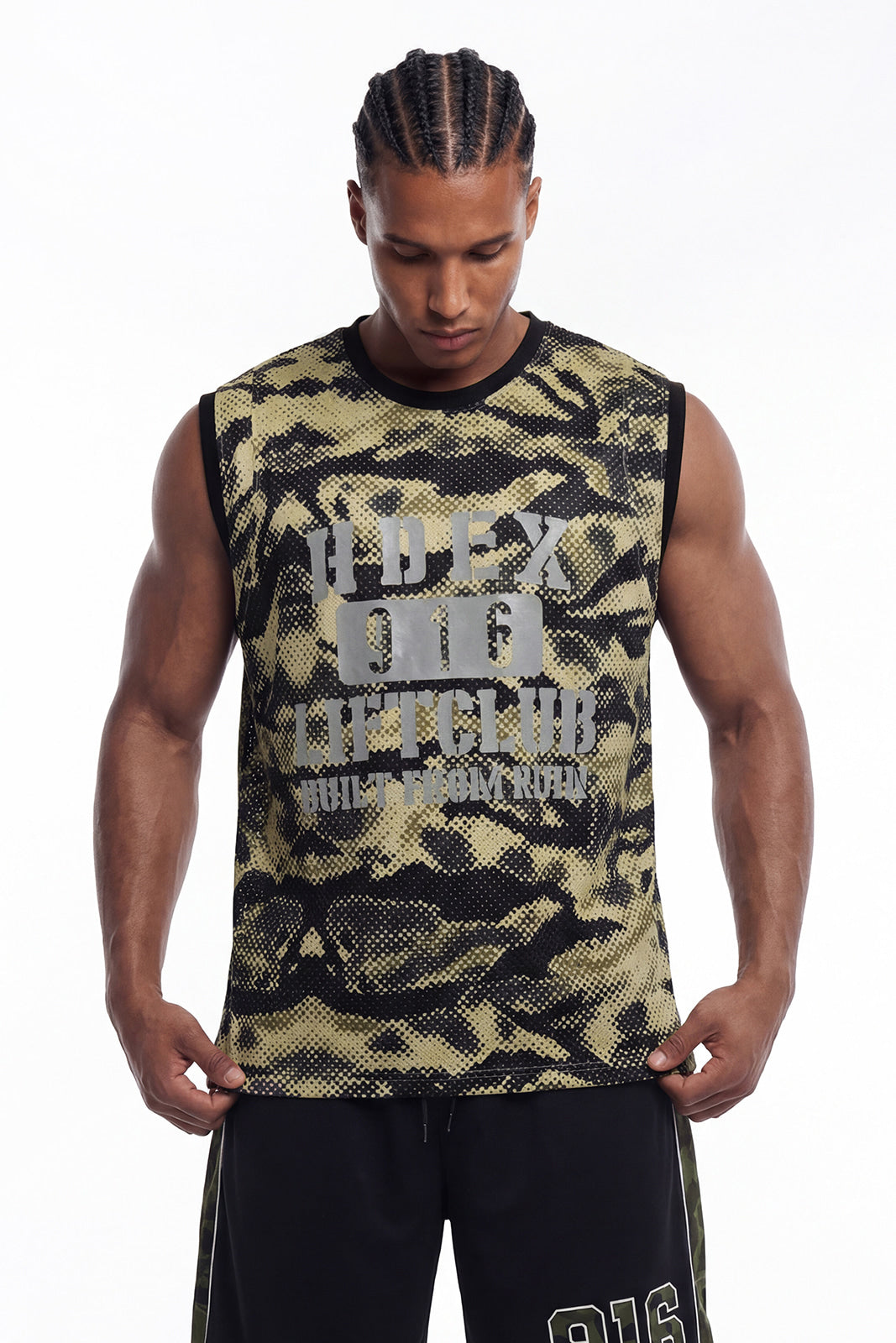HDEX Baju Korea Olahraga Lift Camo Mesh Sleeveless Khaki Camo Pria Fitness