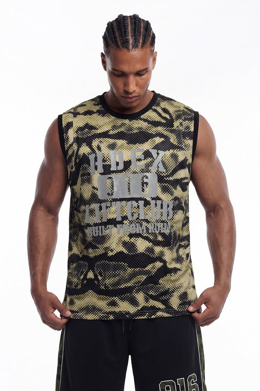 HDEX Baju Korea Olahraga Lift Camo Mesh Sleeveless Khaki Camo Pria Fitness