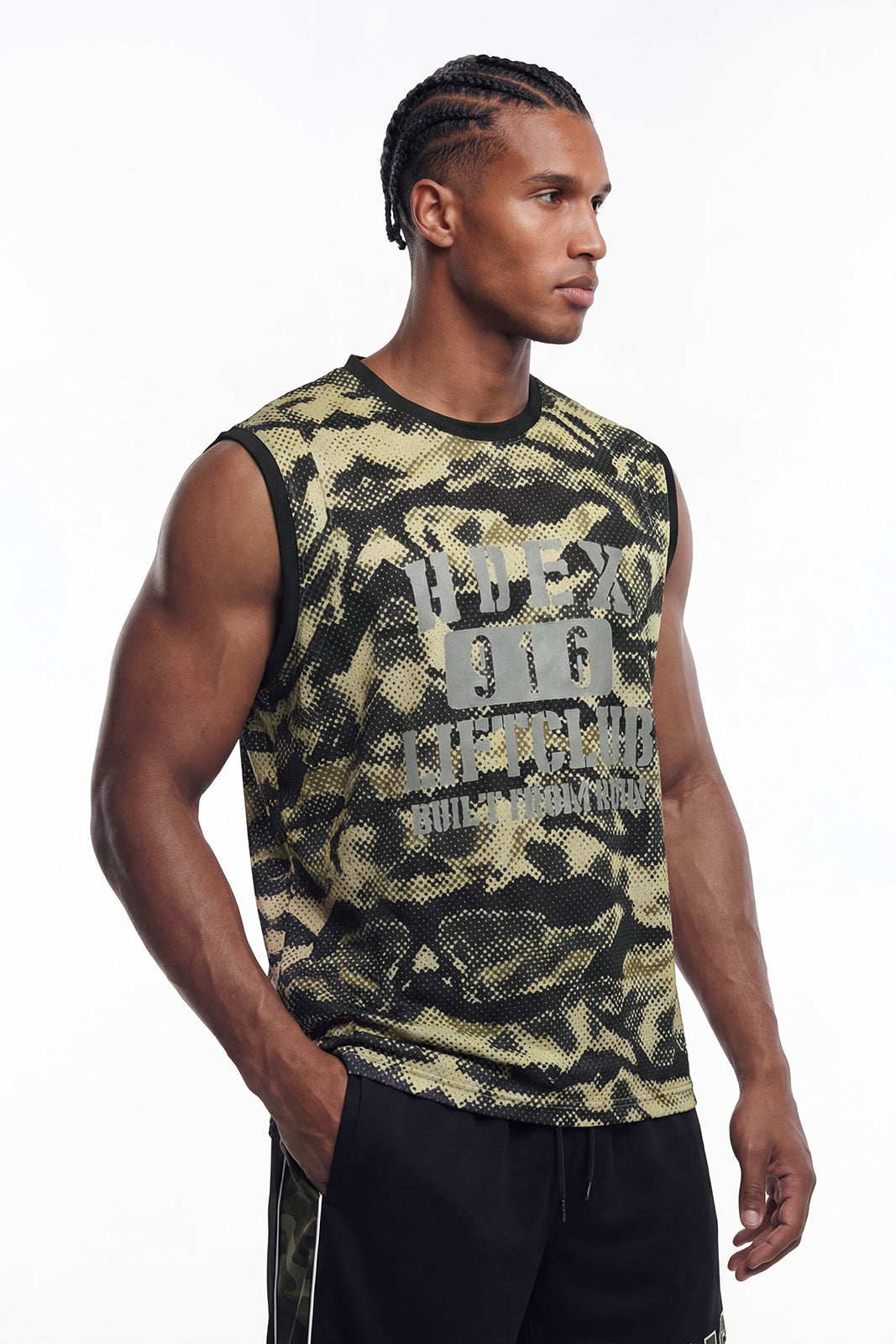 HDEX Baju Korea Olahraga Lift Camo Mesh Sleeveless Khaki Camo Pria Fitness