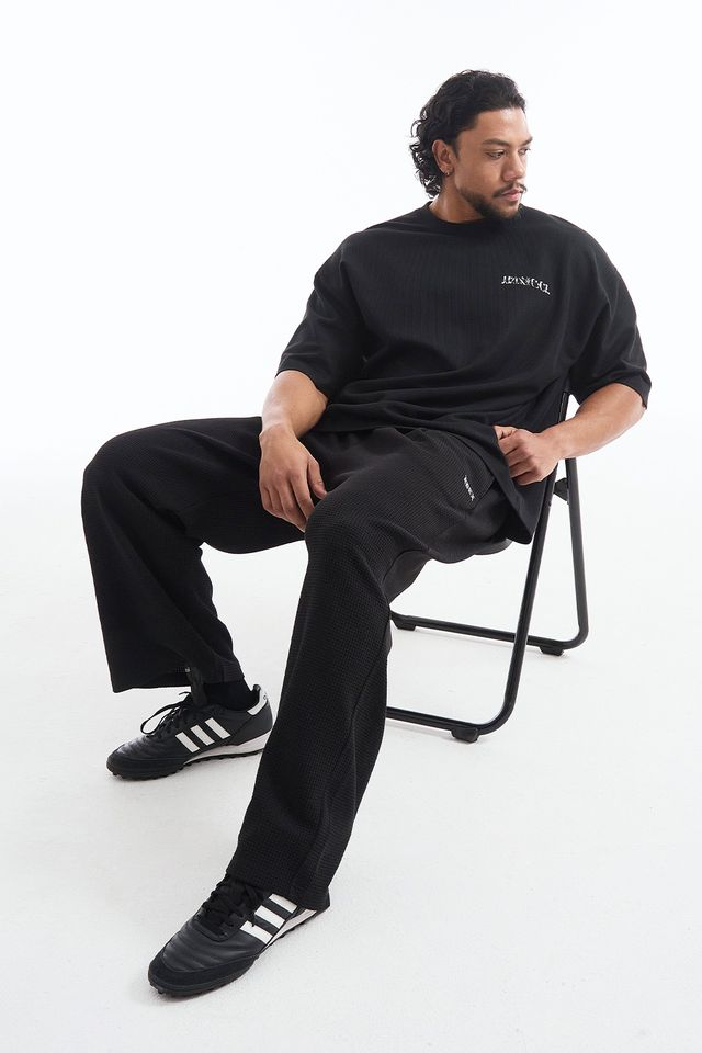 HDEX Celana Korea Olahraga Low Pintuck Waffle Wide Pants Black Pria Fitness