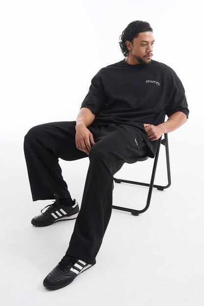 HDEX Celana Korea Olahraga Low Pintuck Waffle Wide Pants Black Pria Fitness
