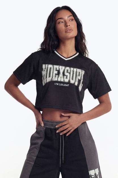 HDEX Baju Korea Olahraga Mega Wide Crop Short Sleeve Black Wanita Fitness