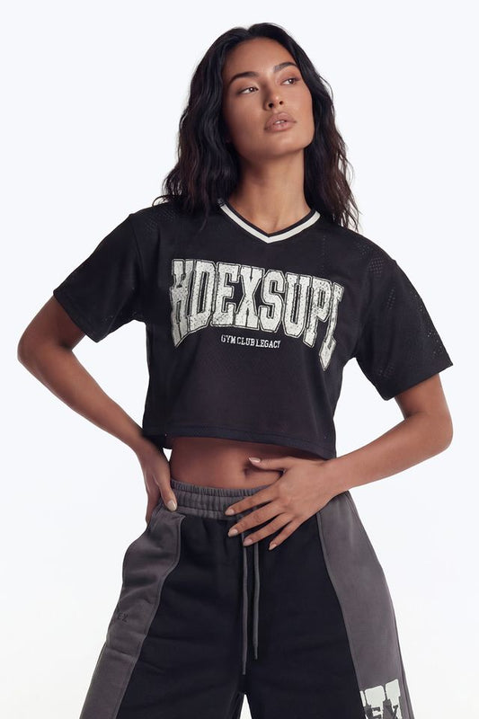 HDEX Baju Korea Olahraga Mega Wide Crop Short Sleeve Black Wanita Fitness