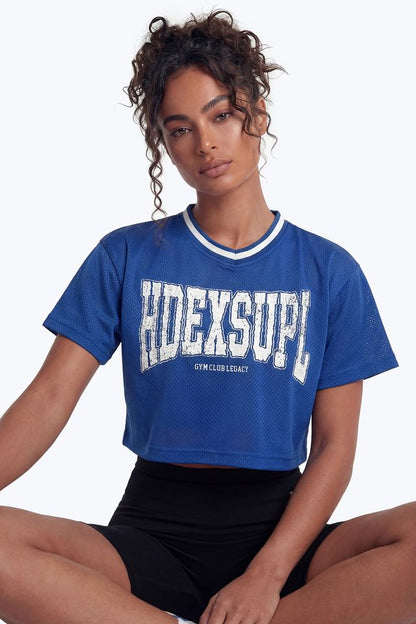 HDEX Baju Korea Olahraga Mega Wide Crop Short Sleeve Blue Wanita Fitness