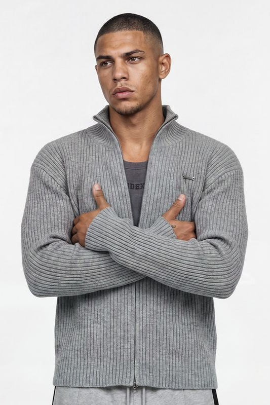 HDEX Baju Korea Olahraga Natural Body Fit Short-Cut Knit Zip-Up Melange Gray Pria Fitness