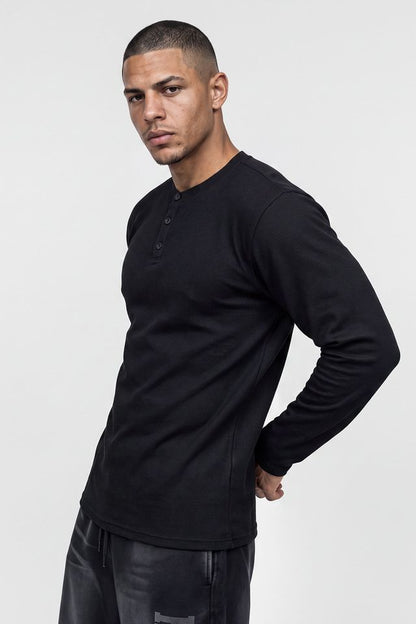 HDEX Baju Korea Olahraga Old Legacy Waffle Henley Neck Long Sleeve Black Pria Fitness