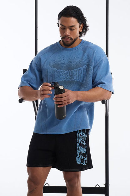 HDEX Baju Korea Olahraga Pigment Cutline Waffle Short Sleeve Blue Pria Fitness