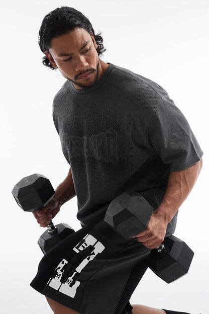 HDEX Baju Korea Olahraga Pigment Cutline Waffle Short Sleeve Charcoal Pria Fitness