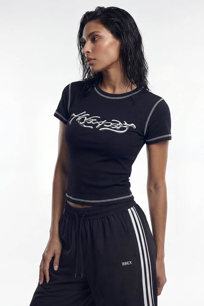 HDEX Baju Korea Olahraga Ribbed Stitch Short Sleeve W Black Wanita Fitness