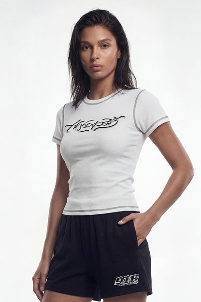 HDEX Baju Korea Olahraga Ribbed Stitch Short Sleeve W White Wanita Fitness
