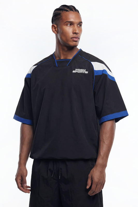 HDEX Baju Korea Olahraga Sporty Color Block Half Jersey Short Sleeve Black Pria Fitness