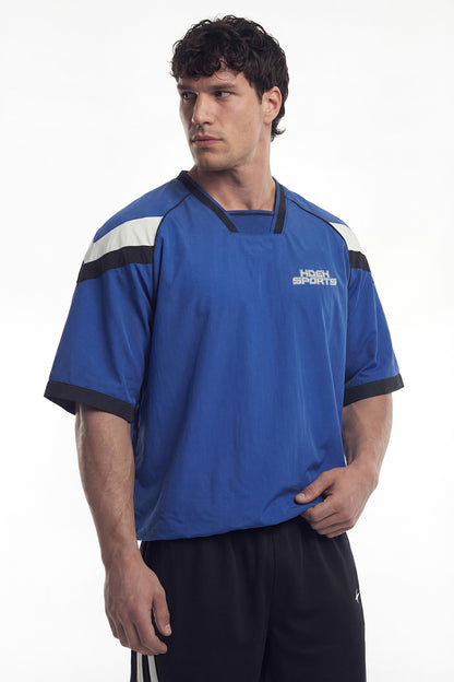 HDEX Baju Korea Olahraga Sporty Color Block Half Jersey Short Sleeve Blue Pria Fitness