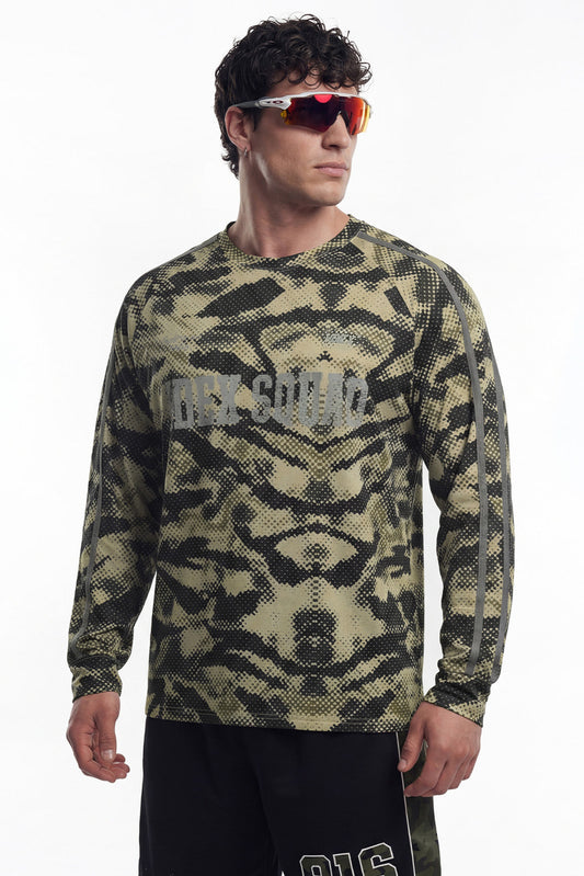 HDEX Baju Korea Olahraga Squad Camo Mesh Long Sleeve Khaki Camo Pria Fitness