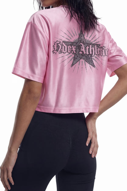 HDEX Baju Korea Olahraga Star Satin Crop Short Sleeve Pink Wanita Fitness