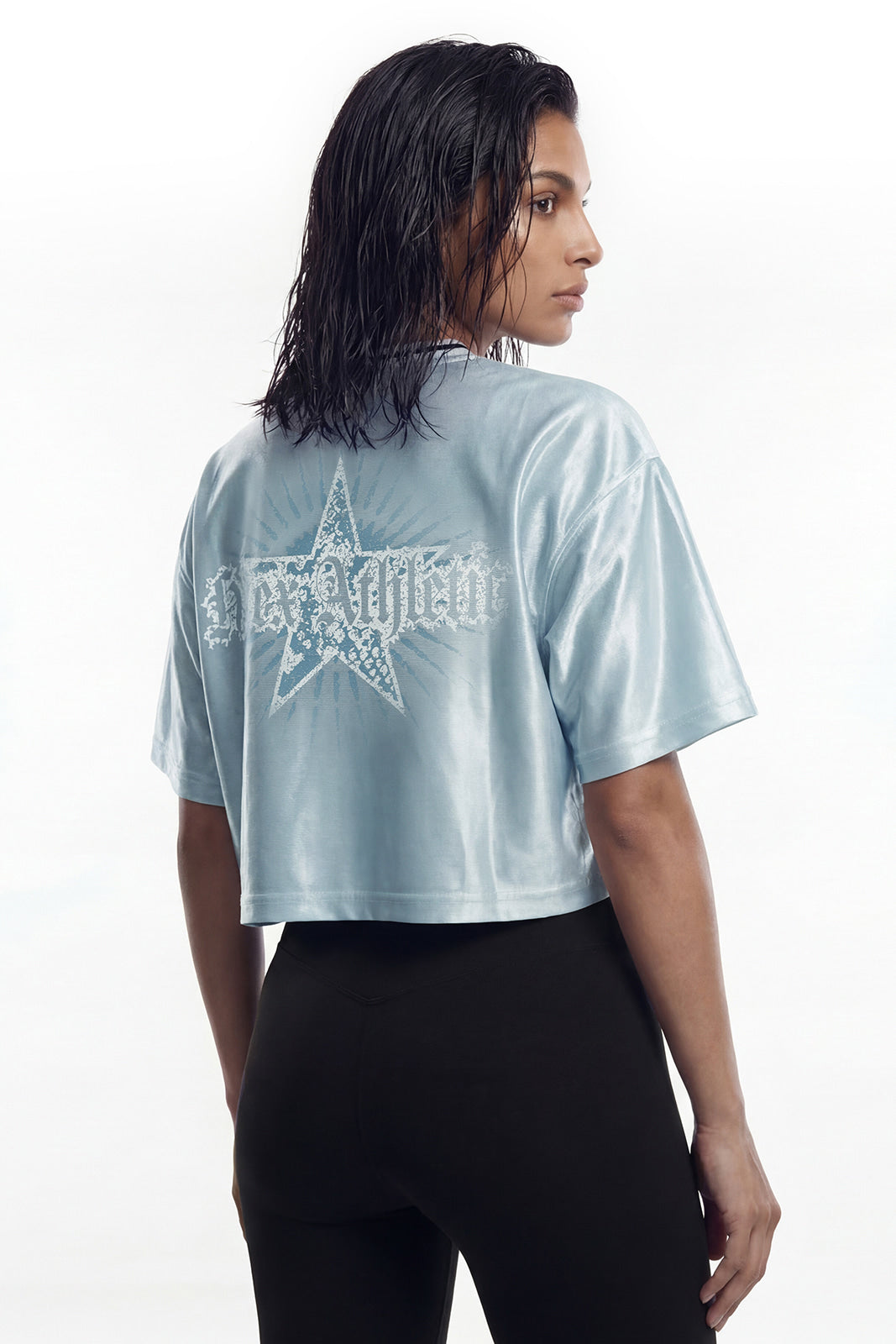 HDEX Baju Korea Olahraga Star Satin Crop Short Sleeve Sky Blue Wanita Fitness