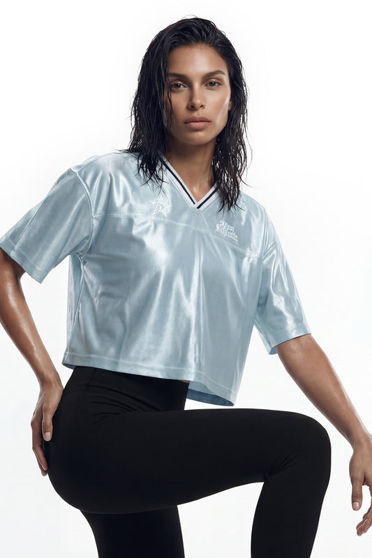 HDEX Baju Korea Olahraga Star Satin Crop Short Sleeve Sky Blue Wanita Fitness