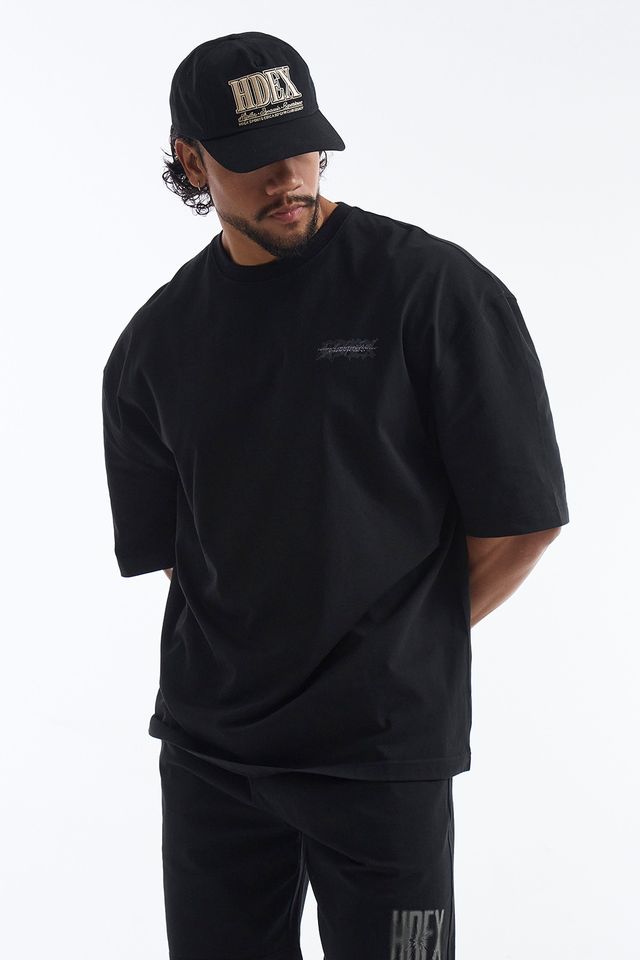 HDEX Baju Korea Olahraga Wild Letter Giant Fit Short Sleeve Black Pria Fitness