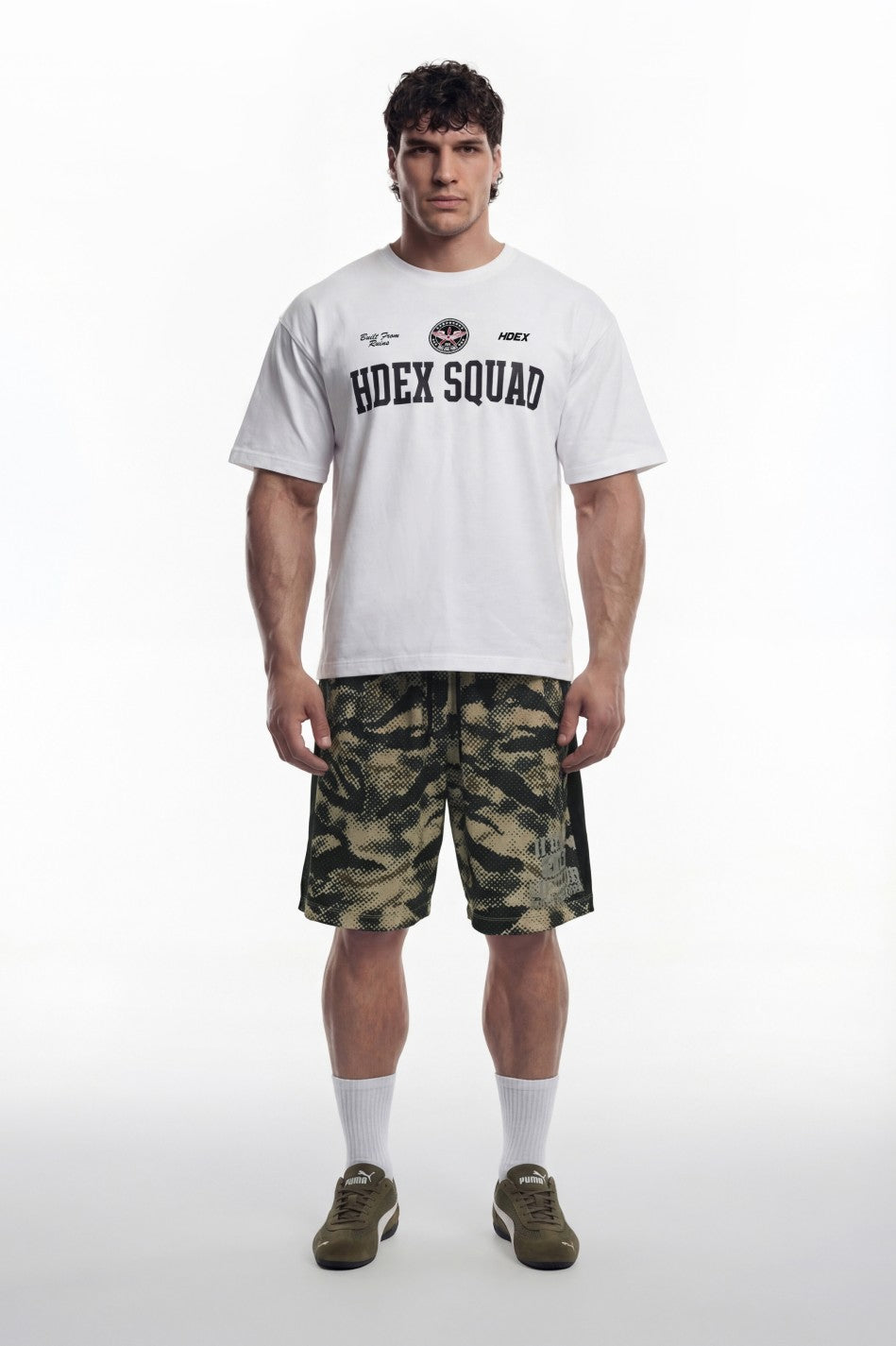 HDEX Celana Korea Olahraga Lift Camo Mesh Bermuda Shorts Khaki Camo Pria Fitness
