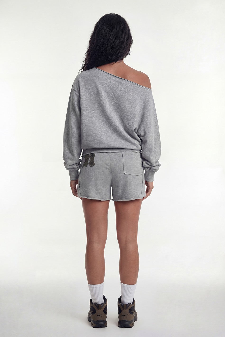 HDEX Baju Korea Olahraga Camo Off-Shoulder Sweatshirt Melange Gray Wanita Fitness